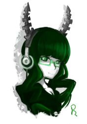  absurdres black_rock_shooter commentary_request dead_master female glasses green_eyes green_hair headphones highres horns oshin0_(zheng) skull solo 