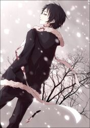  1boy bad_id bad_pixiv_id black_hair blood blood_on_clothes blood_on_knife border brown_eyes durarara!! hands_in_pockets hood hoodie knife looking_back male_focus moco neck_ribbon orihara_izaya ribbon snowing solo tree weapon 