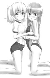  2girls buruma clothes_lift commentary_request competition_swimsuit dress_shirt greyscale gym_uniform inu_x_boku_ss kneeling long_hair monochrome multiple_girls one-piece_swimsuit open_clothes open_shirt roromiya_karuta shirakiin_ririchiyo shirt shirt_lift short_hair swimsuit symmetry tk4 twintails 