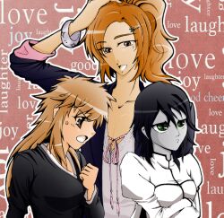  arrancar black_hair bleach breasts brown_eyes gender_swap green_eyes grey_skin inoue_orihime japanese_clothes kurosaki_ichigo orange_hair pixiv_thumbnail resized rule_63 ulquiorra_cifer zhjgqw123 