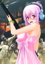  3d absurdres assault_rifle blush bow bracelet breasts brown_hair cosplay crown dress female gakuo_o gun headphones highres jewelry large_breasts m16 m16a2 nail_polish nitroplus open_mouth purple_hair red_eyes rifle ryuu_ga_gotoku_(series) ryuu_ga_gotoku_of_the_end saaya_kawai scan scared sega super_sonico tears tiara weapon zombie 