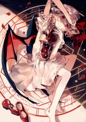  bad_id bad_pixiv_id barefoot bat_wings clea_(geee13) dress feet female frills hat looking_at_viewer magic_circle petals red_eyes red_footwear remilia_scarlet ribbon shoes short_hair sitting smile solo touhou unworn_shoes wings 