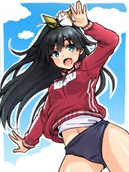  &gt;_&lt; animal aqua_eyes black_hair bow buruma closed_eyes cloud commentary_request courreges_ace day female ganaha_hibiki gym_uniform hairbow hamster hamuzou idolmaster idolmaster_(classic) jacket long_hair navel oerba_yun_fang open_mouth photoshop_(medium) ponytail sky solo track_jacket 