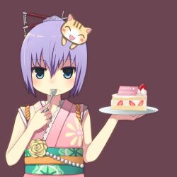  bad_id bad_pixiv_id blue_eyes blush blush_stickers cake cake_slice eating feline female food food_on_face fork fruit hair_ornament hair_stick happy_birthday holding holding_fork japanese_clothes kimono millie_(paper_man) nekomo paper_man pink_kimono plate purple_background purple_hair simple_background solo strawberry 