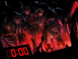  5boys :d ball belt black_hair black_soccer_ball brown_hair chains clock commentary_request crossed_arms digital_clock gloves glowing glowing_eyes headband inazuma_eleven_(series) inazuma_eleven_go kageyama_hikaru kariya_masaki matsukaze_tenma multiple_boys nishizono_shinsuke one_eye_closed open_mouth outstretched_arm r04315 red_eyes seven-segment_display smile soccer_ball soccer_uniform sportswear tsurugi_kyousuke 