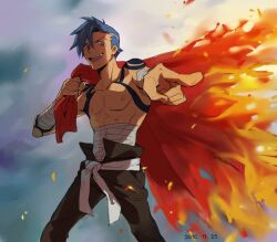  1boy bad_id bad_pixiv_id bandages belt blue_hair jenny_(praesepe) kamina_(ttgl) male_focus midriff_sarashi pointing sarashi solo tattoo tengen_toppa_gurren_lagann topless_male 