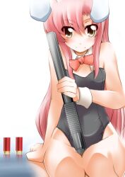  animal_ears bare_legs between_thighs bow bowtie brown_eyes commentary_request detached_collar female fukui_sora gun hayate_no_gotoku! katsura_hinagiku long_hair pink_hair playboy_bunny rabbit_ears shotgun shotgun_shell solo weapon wrist_cuffs 