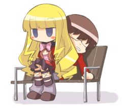  1boy bench blonde_hair blue_eyes blush_stickers chibi commentary_request doll drill_hair female glasses kami_nomi_zo_shiru_sekai katsuragi_keima kujou_tsukiyo long_hair luna_(kaminomi) no_pupils photoshop_(medium) school_uniform sitting sitting_on_lap sitting_on_person twin_drills twintails yuto_(dialique) 