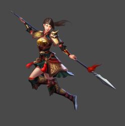  akizhao armor boots brown_hair commentary_request fa_mulan female full_body long_hair original photoshop_(medium) polearm ponytail qiang_(weapon) simple_background solo spear weapon 