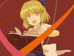  alice_margatroid alice_margatroid_(pc-98) blonde_hair book commentary_request dress female grimoire grimoire_of_alice hair_ornament hair_ribbon hairband kawashina_(momen_silicon) open_mouth ribbon short_hair solo touhou touhou_(pc-98) yellow_eyes 