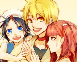  2boys :d aladdin_(magi) ali_baba_saluja bad_id bad_pixiv_id black_hair blonde_hair blue_eyes female hand_on_another&#039;s_shoulder magi_the_labyrinth_of_magic matsunaka_hiro morgiana multiple_boys open_mouth red_eyes red_hair smile turban yellow_eyes 