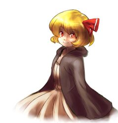  alternate_costume blonde_hair commentary_request dress female hair_ribbon kitayuki_kajika red_eyes ribbon rumia short_hair simple_background smile solo touhou upper_body 