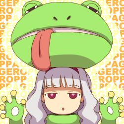  :o animal_costume commentary_request dani-ikapi female frog frog_costume grey_hair hairband idolmaster idolmaster_(classic) long_hair pink_eyes shijou_takane solo tongue 