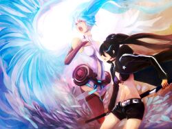  2girls belt bikini bikini_top_only black_hair black_rock_shooter black_rock_shooter_(character) black_shorts blue_eyes blue_hair bridal_gauntlets chinese_commentary commentary_request english_commentary flaming_eye hatsune_miku hatsune_miku_(append) hood hoodie long_hair midriff mixed-language_commentary multiple_girls navel nephy no_shirt open_mouth red_legwear scar short_shorts shorts star_(symbol) swimsuit sword thighhighs twintails vocaloid vocaloid_append weapon wings 