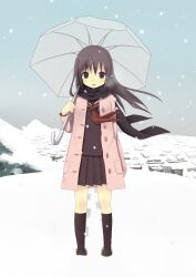  bad_id bad_pixiv_id black_eyes black_hair black_scarf breath coat female footprints kneehighs long_hair looking_at_viewer nekomo open_clothes open_coat original overcoat pleated_skirt scarf school_uniform serafuku skirt snow snowing socks solo standing transparent transparent_umbrella umbrella wind 