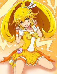  bad_id bad_pixiv_id banana_(hirane1988) bike_shorts bike_shorts_under_skirt blonde_hair bow bowtie brooch cure_peace double_v eyelashes female full_body hair_flaps hair_ornament hairpin jewelry kneeling long_hair magical_girl no_choker orange_background orange_shorts precure puffy_sleeves shoes shorts skirt smile smile_precure solo v wide_ponytail yayoi_kise yellow_bow yellow_eyes yellow_skirt yellow_theme 