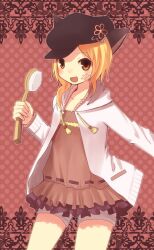  :d animal_ears bad_id bad_pixiv_id blonde_hair brown_eyes brush cat_ears character_request dress female hat nekomo open_mouth paper_man paw_print smile solo 