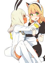  2girls :o animal_ears arm_around_waist blonde_hair blush coat commentary_request green_eyes hand_on_another&#039;s_cheek hand_on_another&#039;s_face heart kamo_kamen long_legs mabinogi maid maid_headdress multiple_girls oerba_yun_fang original photoshop_(medium) pinching player_character_(mabinogi) silver_hair sitting sitting_on_lap sitting_on_person tan thighhighs wariza white_background white_legwear yellow_eyes yuri zettai_ryouiki 