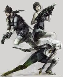  3girls ami_thompson bad_id bad_pixiv_id baseball_cap belt black_gloves black_hair gloves grenade_launcher gun hat highres jill_valentine long_hair milkor_mgl multiple_girls multiple_persona ponytail resident_evil resident_evil_3:_nemesis resident_evil_5 short_hair skirt smile weapon white_hair 