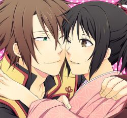  1boy asa_no_ha_(pattern) bad_id bad_pixiv_id black_hair blush brown_eyes brown_hair couple female green_eyes hakuouki_shinsengumi_kitan hug japanese_clothes long_hair okita_souji_(hakuouki) one_eye_closed open_mouth ponytail short_hair smile straight topon_(dallar) toppe yukimura_chizuru 