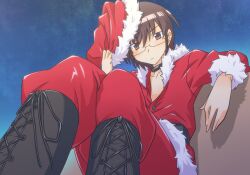  1boy boots brown_eyes brown_hair choker commentary_request cross-laced_footwear glasses hat kami_nomi_zo_shiru_sekai katsuragi_keima lace-up_boots male_focus photoshop_(medium) santa_costume santa_hat solo yuto_(dialique) 