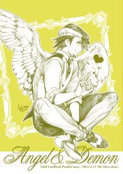  1boy angel_wings bad_id bad_pixiv_id bird cabbie_hat facial_hair full_body hat indian_style kaburagi_t._kotetsu male_focus monochrome necktie photoshop_(medium) shirahama_kamome sitting solo stubble tiger_&amp;_bunny vest waistcoat wings yellow_theme 