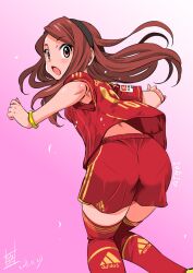  adidas armpit_peek ass brown_hair bundesliga dated fc_bayern_munchen female from_behind germany hairband idolmaster idolmaster_(classic) inoue_sora long_hair looking_back minase_iori pantylines pink_background shorts soccer soccer_uniform solo sportswear thighhighs triple_vertical_stripe up_sleeve watermark wristband 