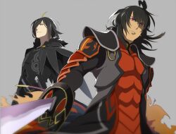  2boys ahoge bad_id bad_pixiv_id black_hair blonde_hair gaius_(tales) gloves grey_background male_focus manly multicolored_hair multiple_boys red_eyes serious shiramine_(srmn09) surcoat sword tales_of_(series) tales_of_xillia two-tone_hair weapon wingul_(tales) 