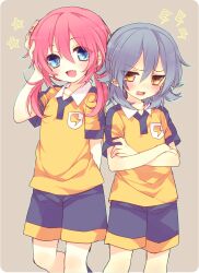  2boys :d androgynous aqua_hair arm_behind_back bad_id bad_pixiv_id blue_eyes blush crossed_arms gym_shorts hand_on_head highres inazuma_eleven_(series) inazuma_eleven_go kariya_masaki kirino_ranmaru long_hair male_focus moriyama_shijimi multiple_boys oerba_yun_fang open_mouth otoko_no_ko pink_hair shorts smile soccer_uniform sportswear star_(symbol) twintails wavy_mouth yellow_eyes 