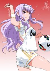  adidas armpit_peek ass ball breasts dated female hairband idolmaster idolmaster_(classic) inoue_sora la_liga long_hair photoshop_(medium) purple_eyes purple_hair real_madrid shijou_takane shorts small_breasts soccer soccer_ball soccer_uniform solo spain sportswear sweatband up_sleeve white_shorts 