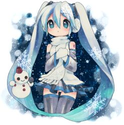  aqua_eyes aqua_hair bad_id bad_pixiv_id earmuffs female hands_on_own_chest hatsune_miku long_hair microphone mittens natsumi_(natumi06) panties pantyshot scarf skirt snow snowflakes snowman solo thighhighs twintails underwear very_long_hair vocaloid yuki_miku yuki_miku_(2011) 