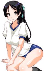  akiyama_mio black_hair blue_buruma bow buruma commentary_request female gym_uniform hairbow k-on! long_hair ponytail shinama simple_background solo white_background 