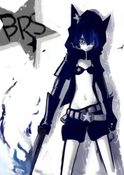  absurdres bikini black_rock_shooter black_rock_shooter_(character) black_shorts blue_eyes blue_hair commentary_request female highres hood hood_up midriff navel no_shirt oshin0_(zheng) shorts solo swimsuit sword weapon 