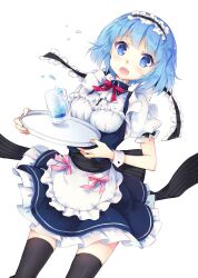  apron bad_id bad_pixiv_id black_thighhighs blue_eyes blue_hair female frilled_skirt frills glass maid maid_headdress maouppoino! nyanya official_art open_mouth photoshop_(medium) puffy_sleeves ribbon short_hair simple_background skirt slime_(maouppoino!) solo thighhighs tray waist_apron wrist_cuffs zettai_ryouiki 