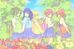  5girls aoki_reika bag blonde_hair blue_eyes blue_hair bow candy_(smile_precure!) closed_eyes clothes_around_waist cloud commentary_request drill_hair eyelashes flower green_hair grin hair_ornament hairband hairbow hairclip headband hino_akane_(smile_precure!) hoshizora_miyuki long_hair midorikawa_nao multiple_girls nanairogaoka_middle_school_uniform nature necktie open_mouth photoshop_(medium) pink_eyes pink_hair ponytail precure red_eyes red_hair school_uniform skirt sky sleeves_rolled_up smile smile_precure sweater sweater_around_waist toromi_chuuka tree twin_drills twintails white_hairband yayoi_kise yellow_eyes 