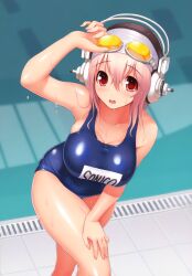  absurdres bare_shoulders breasts cleavage collarbone drain_(object) female fingernails goggles goggles_on_head headphones highres large_breasts long_hair name_tag nitroplus old_school_swimsuit one-piece_swimsuit open_mouth pink_hair pool poolside red_eyes scan school_swimsuit shiny_clothes shiny_skin solo super_sonico swim_cap swimsuit tsuji_santa water wet 