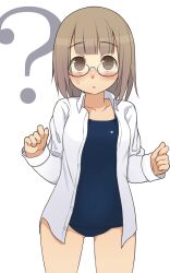  :&lt; ? blush brown_eyes brown_hair commentary_request dress_shirt female glasses highres one-piece_swimsuit open_clothes open_shirt original oza_watto school_swimsuit shirt short_hair solo sweatdrop swimsuit swimsuit_under_clothes 