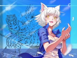  animal_ears bakemonogatari black_hanekawa cat_ears commentary_request dondongarara dress_shirt fangs female hanekawa_tsubasa kako_(monogatari) monogatari_(series) nekomonogatari photoshop_(medium) shirt short_hair solo spoilers tiger white_hair yellow_eyes 