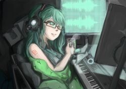  alternate_hairstyle bare_arms bare_shoulders bespectacled closed_mouth collared_shirt commentary_request cup dress_shirt female glasses green_eyes green_hair green_necktie grey_shirt happy hatsune_miku headphones holding holding_cup long_hair mug necktie no_detached_sleeves number_tattoo on_chair oshin0_(zheng) red-framed_eyewear semi-rimless_eyewear shirt shoulder_tattoo sitting sleeveless sleeveless_shirt smile solo tattoo very_long_hair vocaloid 