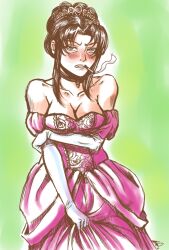  bare_shoulders black_hair black_lagoon blush breasts brown_eyes cigarette cleavage drawfag dress elbow_gloves embarrassed female formal gloves gown hair_up imageboard_desourced medium_breasts non-web_source revy_(black_lagoon) smoking solo strapless strapless_dress tiara 