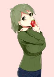  bad_id bad_pixiv_id chikurin_(sasamori_tomoe) denim female food fruit green_eyes green_hair green_shirt impossible_clothes impossible_shirt jeans licking looking_at_viewer original pants pink_background ribbed_sweater saliva sasamori_tomoe shirt short_hair simple_background solo strawberry sweater tongue turtleneck 