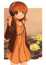  akatsuki_miho akemiho_tabi_nikki bad_id bad_pixiv_id brown_eyes brown_hair dress female flower gendai_ninjakko_zukan headphones kouno_hikaru solo 