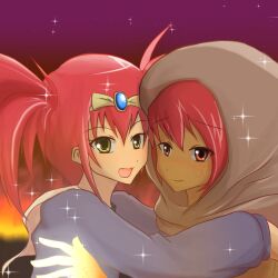  2girls alice alice_(yu-gi-oh!) coat dark_skin female happy hood hug laval_burning_verdant_temptress long_hair multiple_girls orange_eyes red_hair smile tag_force twintails uria_yasuda yasuda_uria yellow_eyes yu-gi-oh! 