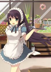  :d aqua_eyes bad_id bad_pixiv_id black_hair female holding long_hair maid maid_headdress nekomo open_mouth original plant potted_plant smile solo stairs walking window 