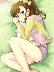  bare_legs bed_sheet blush brown_eyes brown_hair commentary_request courreges_ace female futami_mami hair_ornament idolmaster idolmaster_(classic) legs long_hair looking_at_viewer loungewear lying on_side photoshop_(medium) polka_dot ponytail sheet_grab shorts solo stuffed_animal stuffed_toy 