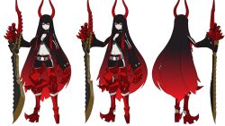  3d armor bike_shorts black_gold_saw black_rock_shooter breasts choker cleavage female gradient_hair groin horns king_saw long_hair multicolored_hair navel official_art red_eyes red_hair reference_sheet small_breasts star_(symbol) sword very_long_hair weapon 