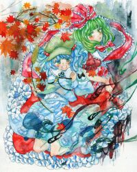  2girls :d autumn_leaves bad_id bad_pixiv_id blue_dress blue_hair bow dress front_ponytail green_eyes green_hair hair_ribbon hairbow kagiyama_hina kawashiro_nitori looking_at_viewer multiple_girls open_mouth painting_(medium) petticoat red_dress ribbon smile touhou traditional_media tugumi0w0 watercolor_(medium) 