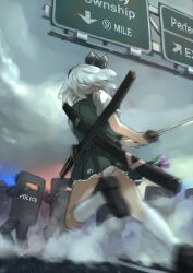  6+boys aiming armor ballistic_shield belt cloud commentary_request contemporary dutch_angle female from_behind from_below gun hair_ribbon hairband handgun holding katana kneehighs konpaku_youmu miniskirt motion_blur multiple_boys outdoors panties pantyshot pleated_skirt police police_uniform policeman ribbon riot_police road_sign running sheath sheathed shield shield_wall shin_guards shoes short_hair sign skirt skirt_set sky smoke socks sword touhou underwear uniform upskirt vest weapon white_hair white_panties white_socks xiao_qiang_(overseas) 