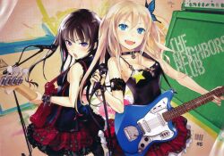  2girls amplifier aqua_eyes armband bare_shoulders bass_guitar black_hair blonde_hair blue_eyes boku_wa_tomodachi_ga_sukunai breasts bug butterfly butterfly_hair_ornament choker cleavage electric_guitar end_card fender_jaguar guitar hair_ornament highres instrument kashiwazaki_sena long_hair looking_at_viewer medium_breasts microphone microphone_stand mikazuki_yozora multiple_girls official_art open_mouth pantyhose plaid redjuice skirt smile star_(symbol) strap_gap whammy_bar wristband 