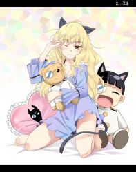  agahari animal_ears barefoot blonde_hair blush breasts brown_eyes cat_ears cat_tail character_doll cleavage cushion doll eyepatch female heart heart_pillow highres long_hair nightgown no_glasses no_panties perrine_h_clostermann pillow rubbing_eyes sakamoto_mio sleepy solo strike_witches stuffed_animal stuffed_toy tail teddy_bear toy wink 